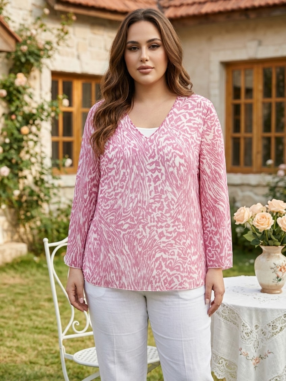 Ulla Popken Pink Printed V-Neck Long Sleeve Top